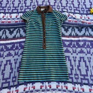 Vintage 60s/70s blue and brown horizontal striped mini dress with collar